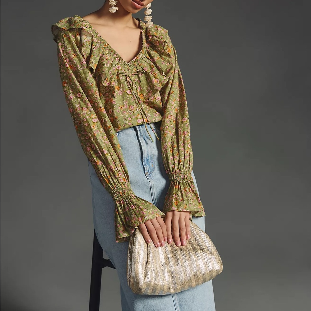 Anthropologie Ruffle V-neck Peasant Floral Green Women's Blouse